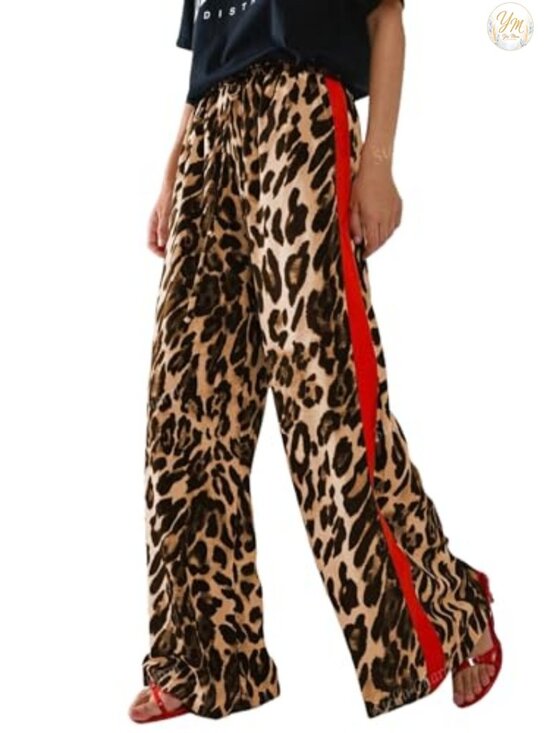 Pants - Leopard Print Wide Leg Drawstring Pants Side Stripe Casual